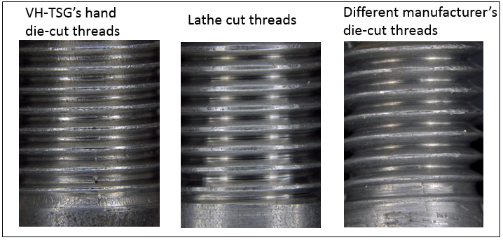 Figure 28: Two tie rods from the same Australian manufacturer and one from another manufacturer showing significant thread form differences